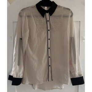 Xhileration Beige W black Accent Adjustable Sleeve Tuxedo Style Sheer Blouse SzM